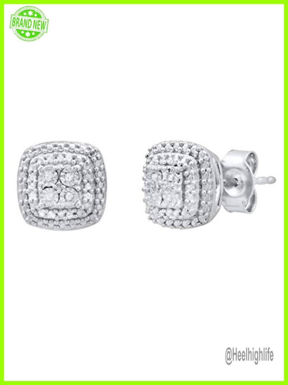 Dazzlingrock Women's Sterling Silver Diamond Cushion Frame Push Back Stud
